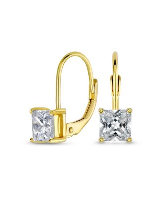 Classic Cubic Zirconia Square Princess Cut Solitaire Square CZ Lever back Earrings Gold Plated .925 Sterling Silver