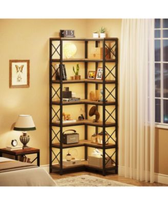 7 Shelf Corner Bookcase, Industrial Large Corner Bookshelf with Metal Frame