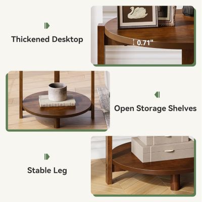 Solid Wood Side Table for Living Room, Small Round End Table with 2-Tier Storage