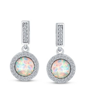 Cubic Zirconia Halo CZ Round Solitaire Created Opal Drop Earrings .925 Sterling