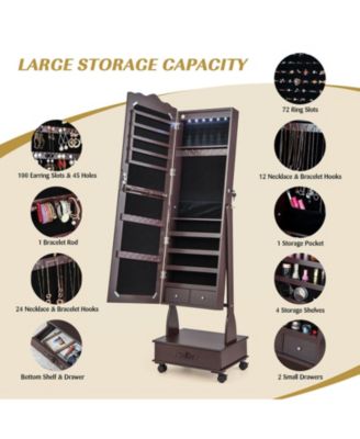 Rolling Floor Standing Mirrored Jewelry Armoire with Lock and Drawers
