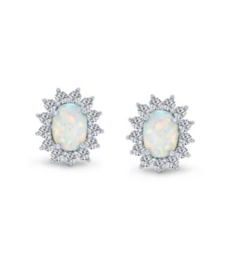  Estate Style Jewelry Oval Created White Opal Crown Halo CZ Stud Earrings .925 Sterling Silver 12MM