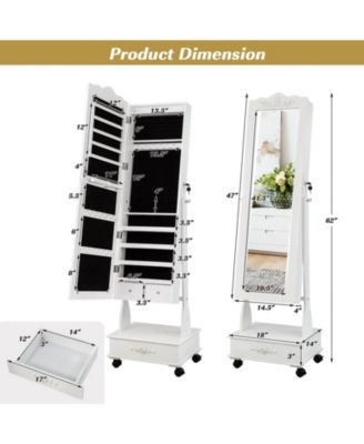 Rolling Floor Standing Mirrored Jewelry Armoire with Lock and Drawers