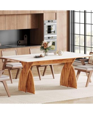 Large Dining Table for 6-8 People, Farmhouse Kitchen Table with Wood Legs, Rectangular Modern White Dinner Table for Dining Room, Living Room, Easy to Assemble
