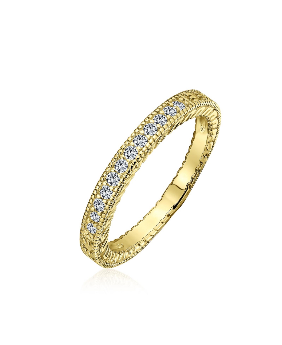 Pave Cz Cubic Zirconia Thin Band Ring Etched Milgrain .925 Sterling Silver - Gold-tone