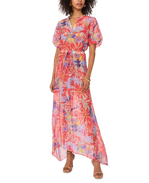 alfani Vince Camuto Women's Floral-Print Puff Sleeve Maxi Dress Women's Fashion Shoes & Accessories