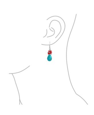 Boho Dangle Earrings with Created Red Coral and Blue Turquoise Teardrop Accents