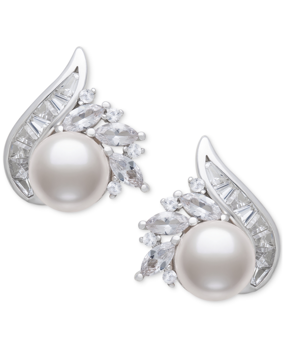 Cultured Freshwater Pearl (8-9mm) & Lab Created White Sapphire (2 ct. t.w.) Mixed Cut Swirl Stud Earrings in Sterling Silver - Silver