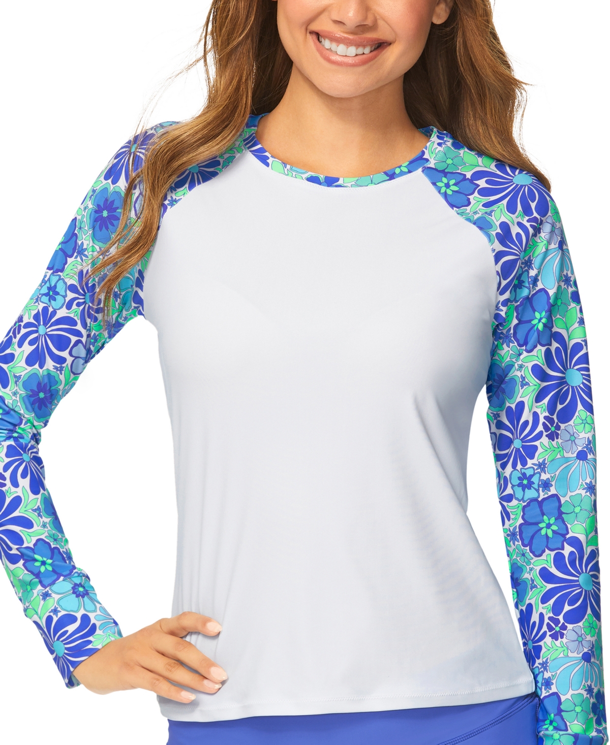 Raisins Juniors' Floral-print Back-zip Rash Guard In White