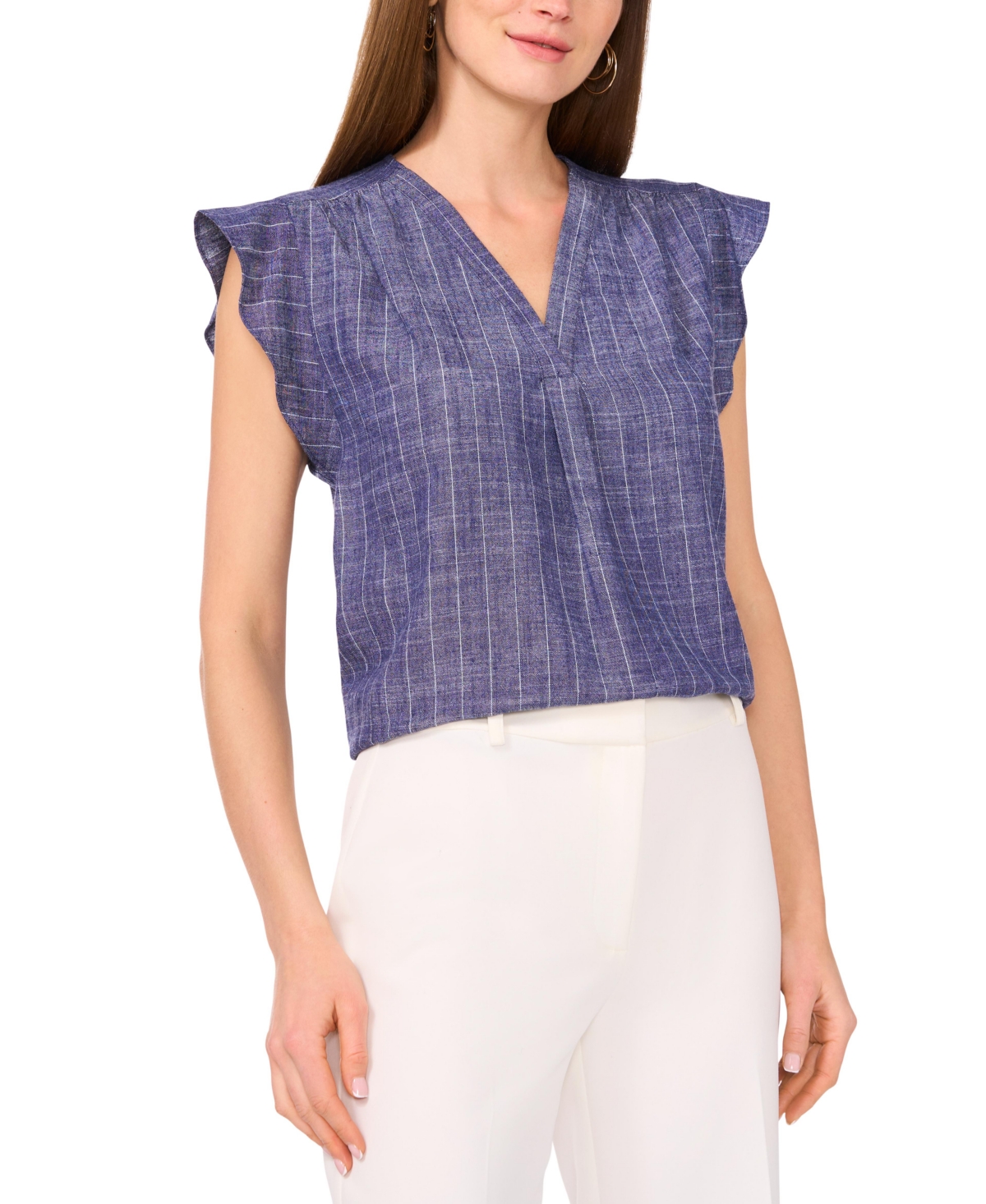 VINCE CAMUTO WOMEN'S CHAMBRAY SHINE-STRIPE FLUTTER-SLEEVE TOP 