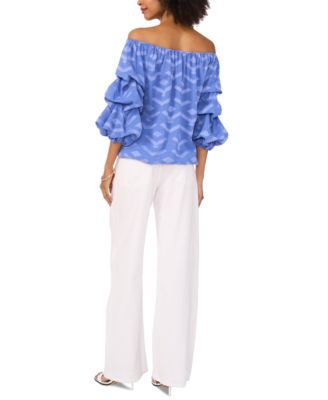 Women's Textured Off-The-Shoulder Bubble 3/4-Sleeve Tie-Front Blouse