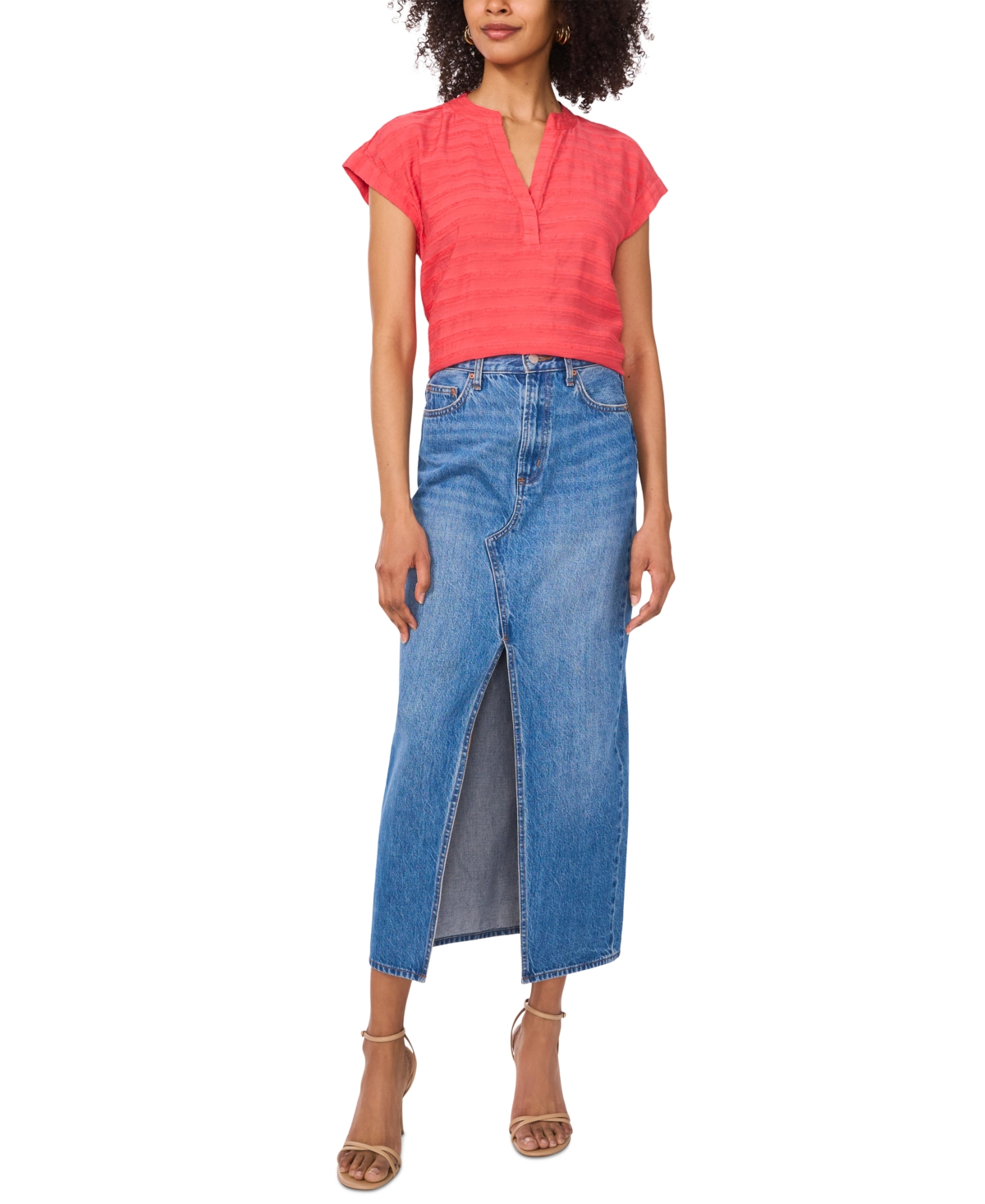 Vince Camuto Women's Textured Split-neck Cap Sleeve Top In Cayenne