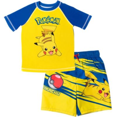 Boys Pikachu UPF 50+ Rash Guard Swim Trunks Outfit Set to