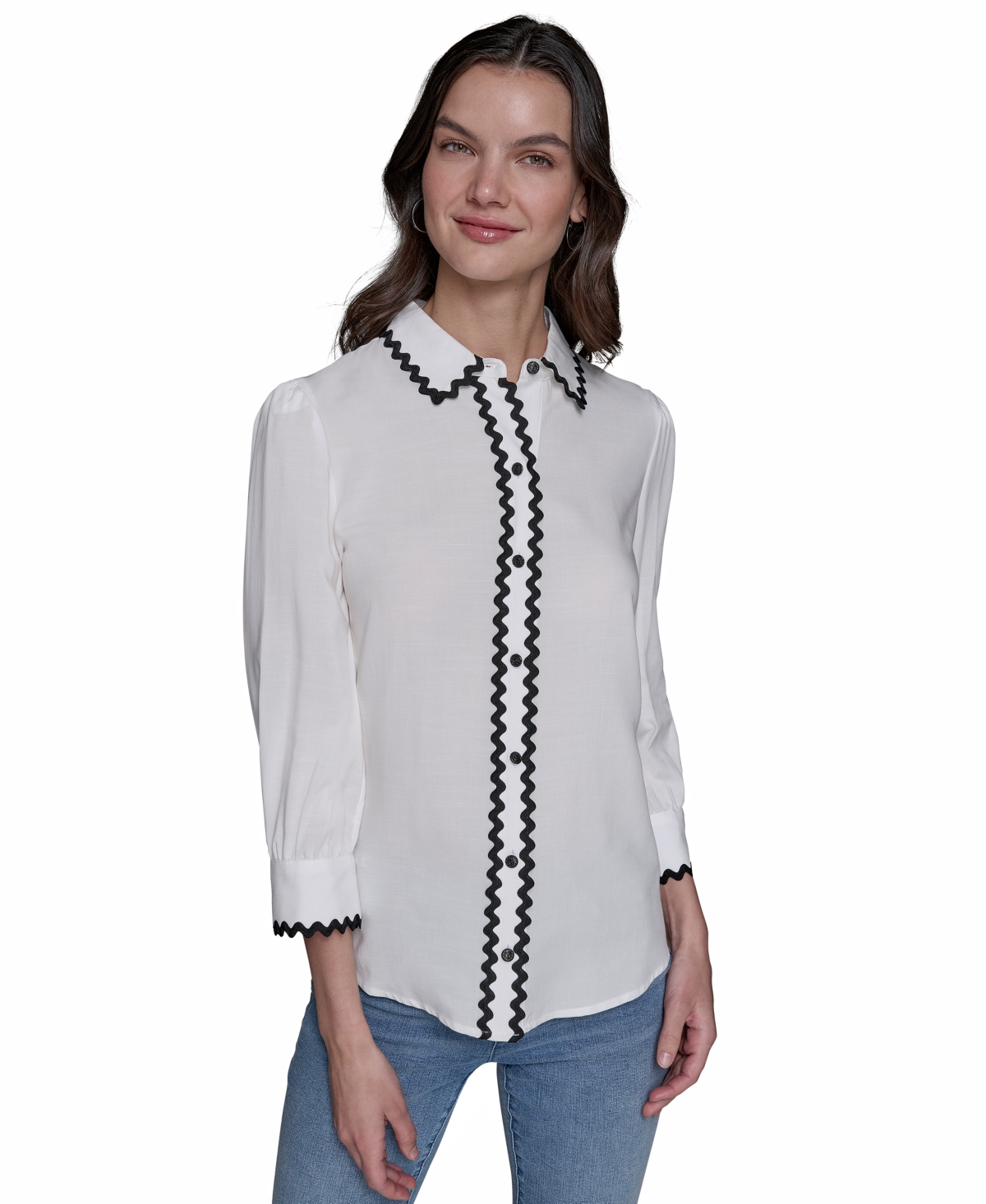 Women's Contrast-Trim Button-Front Top - Soft White