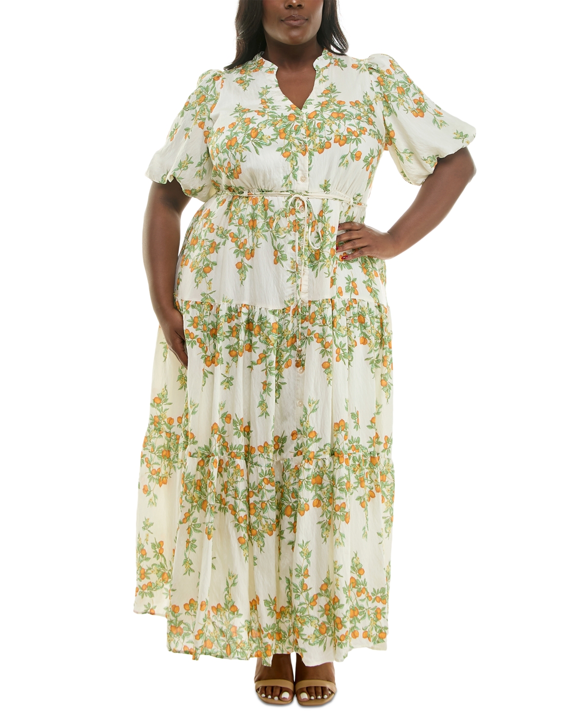 Plus Size Floral Split-Neck Puff-Sleeve Maxi Dress - Ivory Sunset Orange