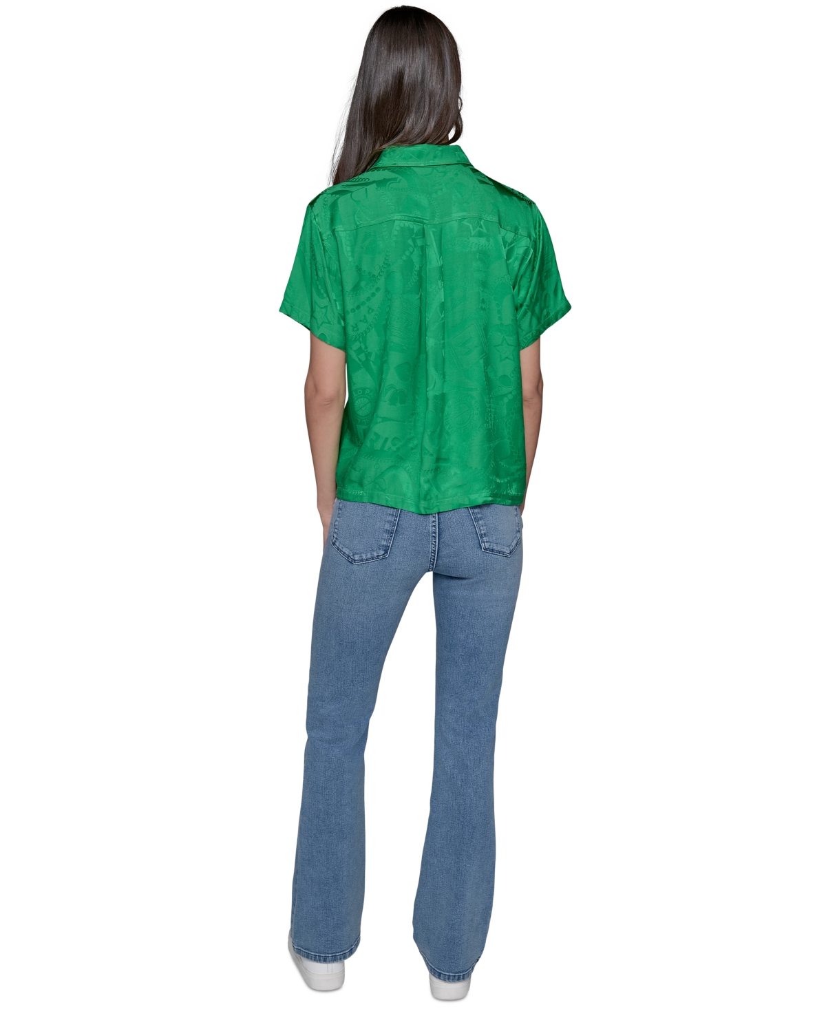 Shop Karl Lagerfeld Women's Short Sleeve Jacquard Button Front Top In Flore Green