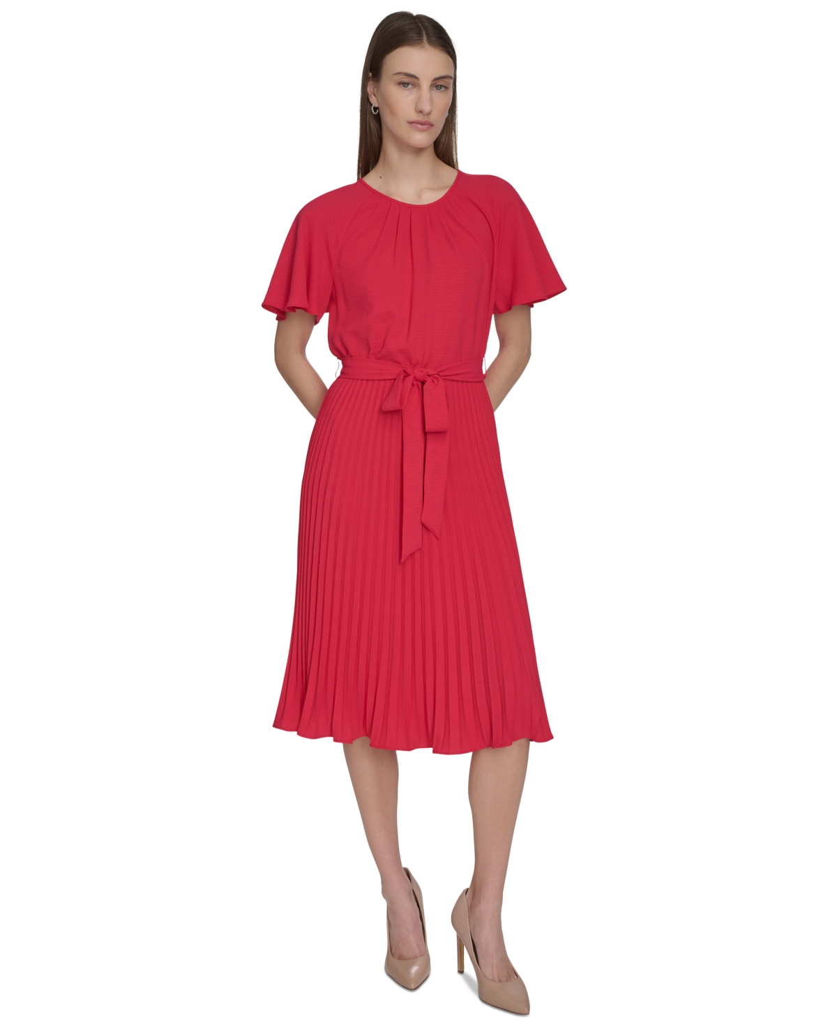 Women's Tie-Waist Pleated Cocktail Dress - Lipstick