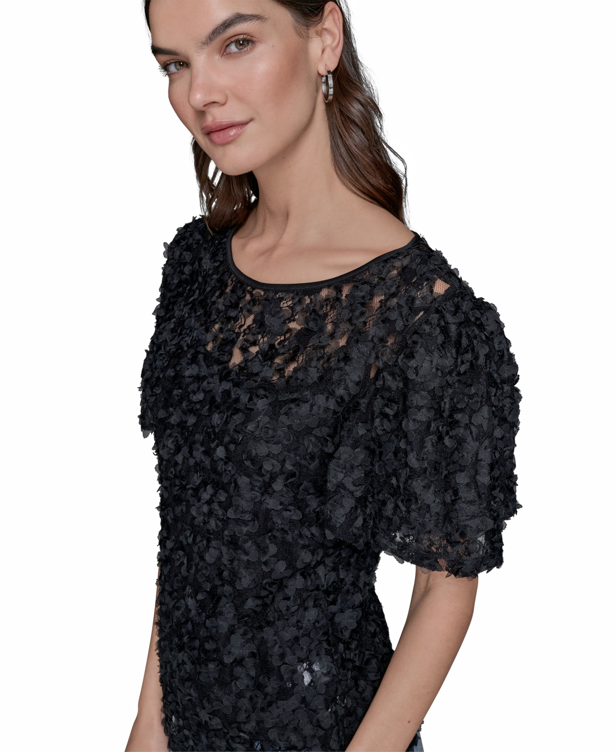Karl Lagerfeld Women's Ruffled-sleeve Lace Top In Black