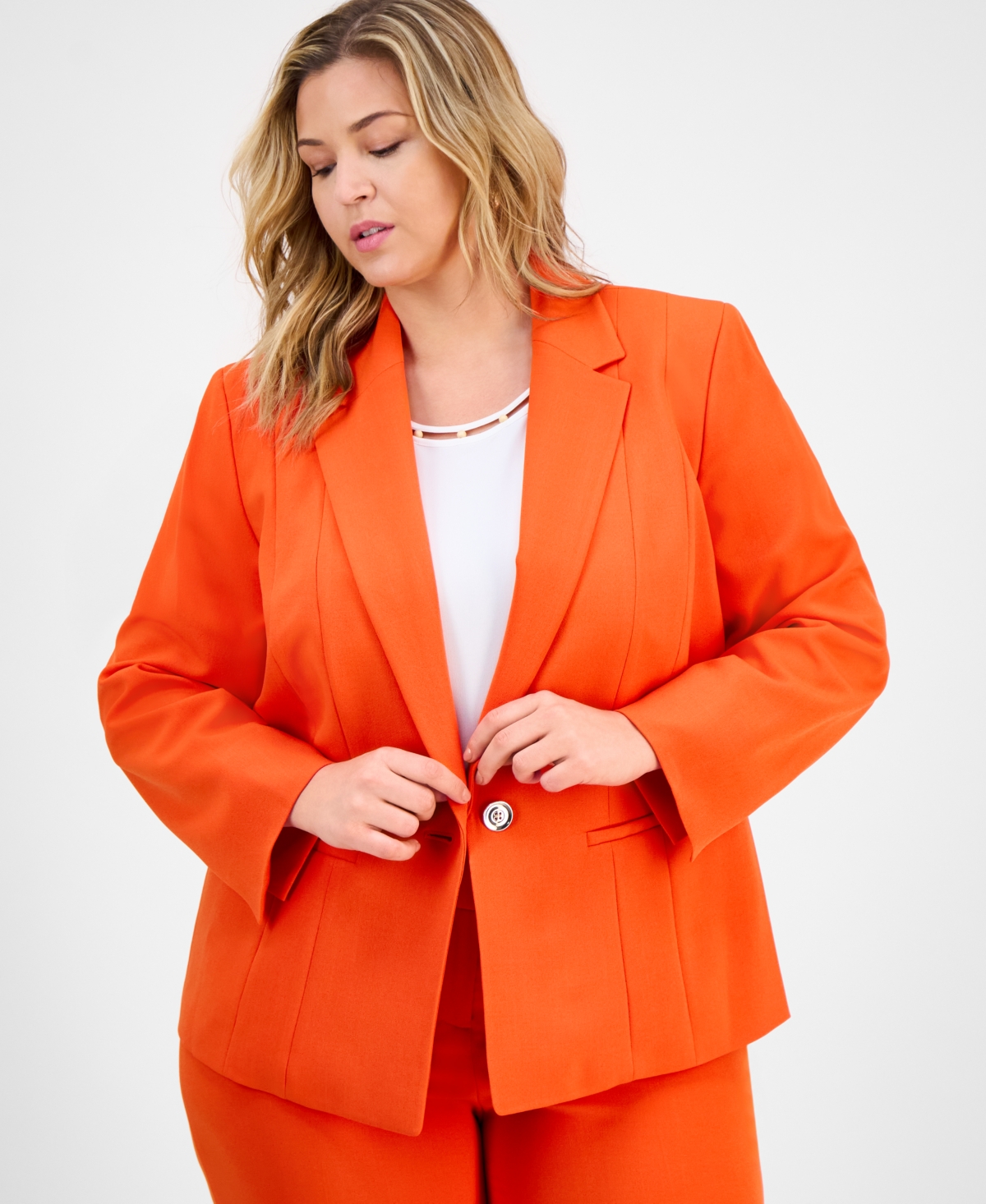 Kasper Plus Size Notched Collar Paneled One-button Blazer In Orange