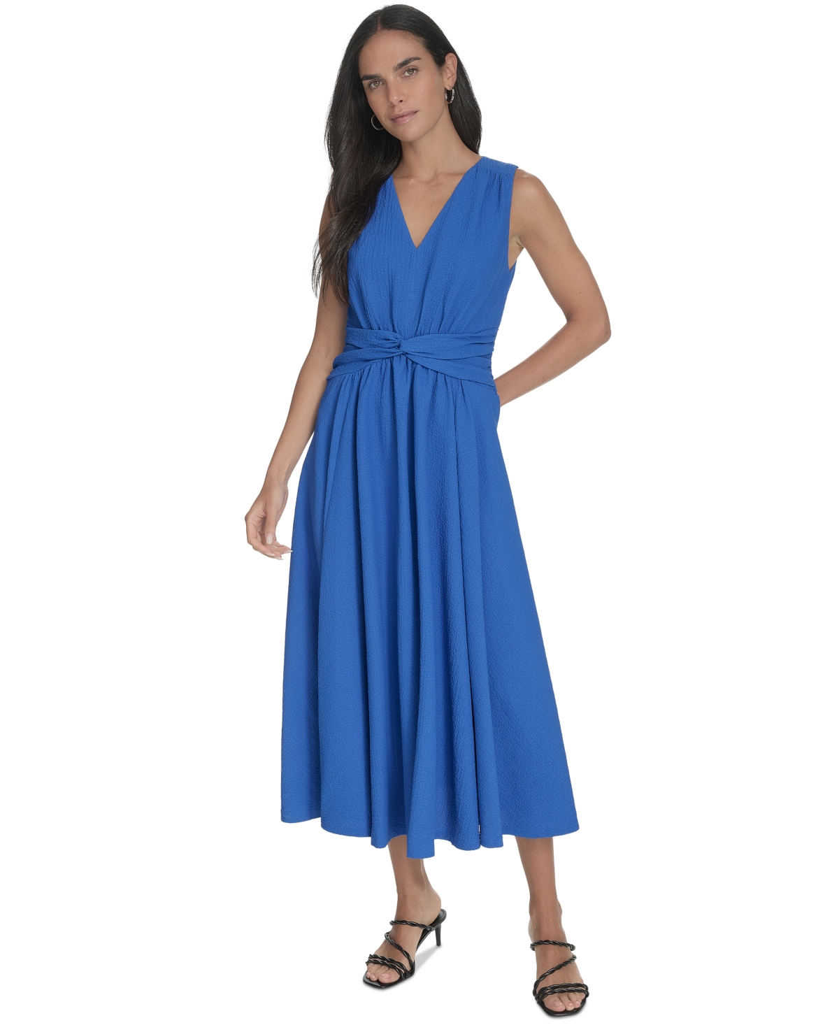 Calvin Klein Sleeveless Knotted Waist Gauze Midi Dress In Capri