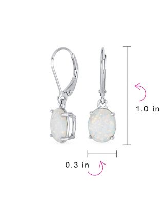 Classic White Created Opal Oval Solitaire Dangle Lever back Earrings .925 Sterling Silver