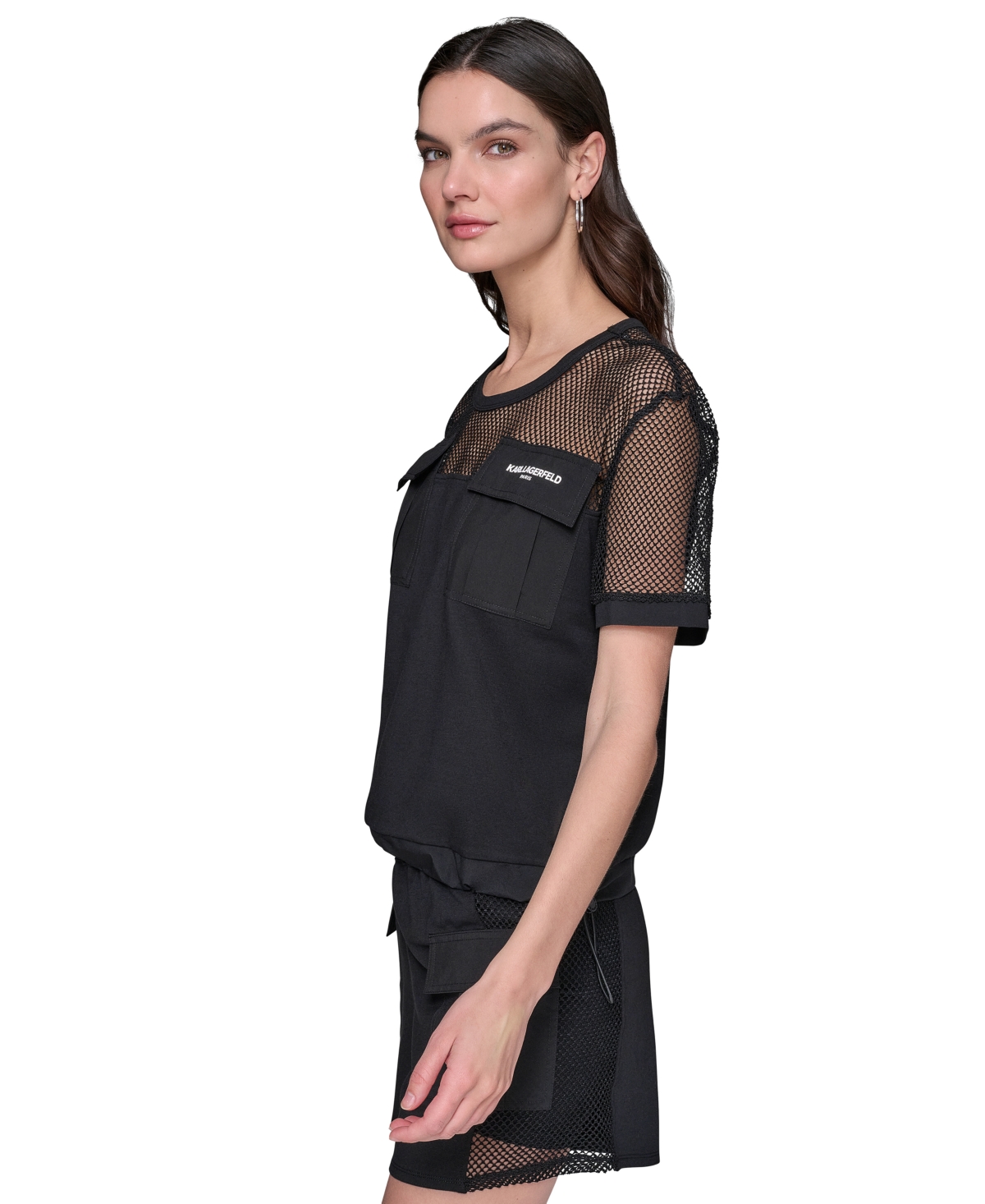 Shop Karl Lagerfeld Women's Mesh-trim Cargo Top In Black