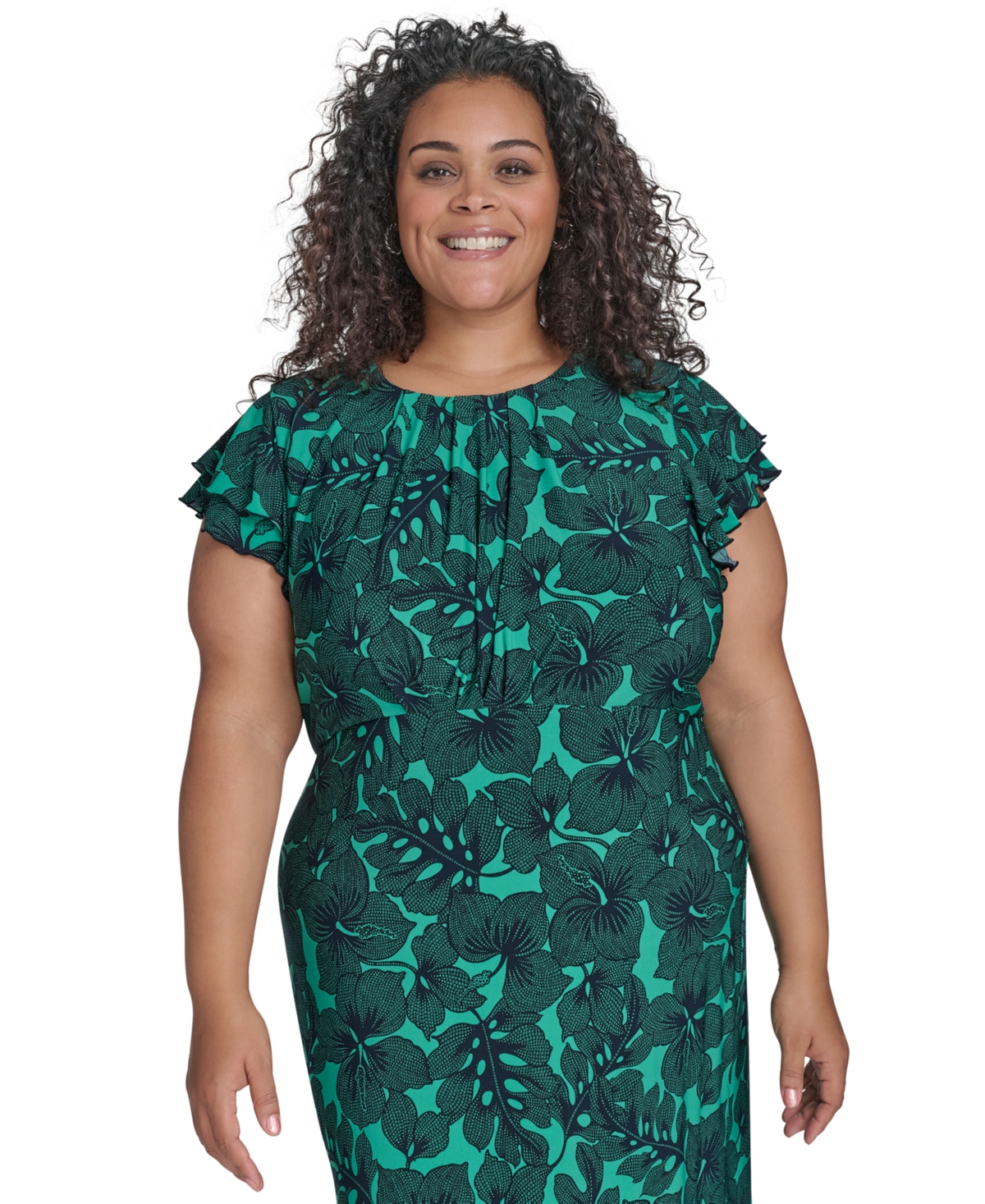 Tommy Hilfiger Plus Size Dotty Hibiscus Flutter-sleeve Dress In Parakeet Sky Captain