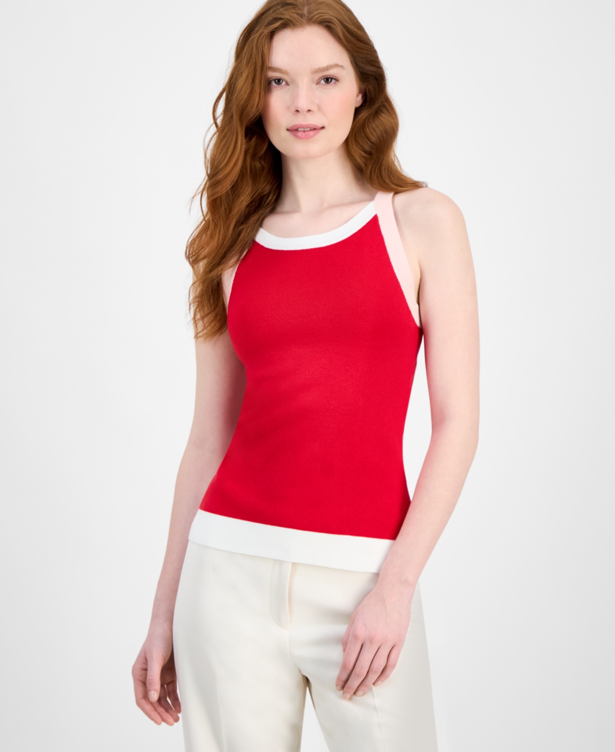 Women's Colorblock Ribbed Sleeveless Top - Apple Red/white