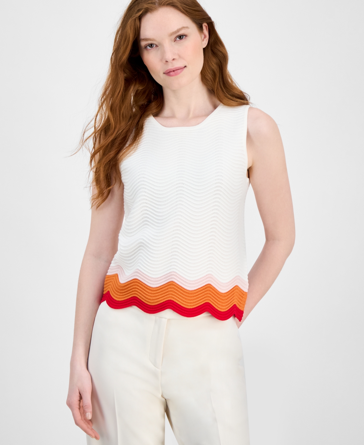 Women's Crewneck Striped-Hem Sleeveless Sweater - White Star With Blush Blaze Apple