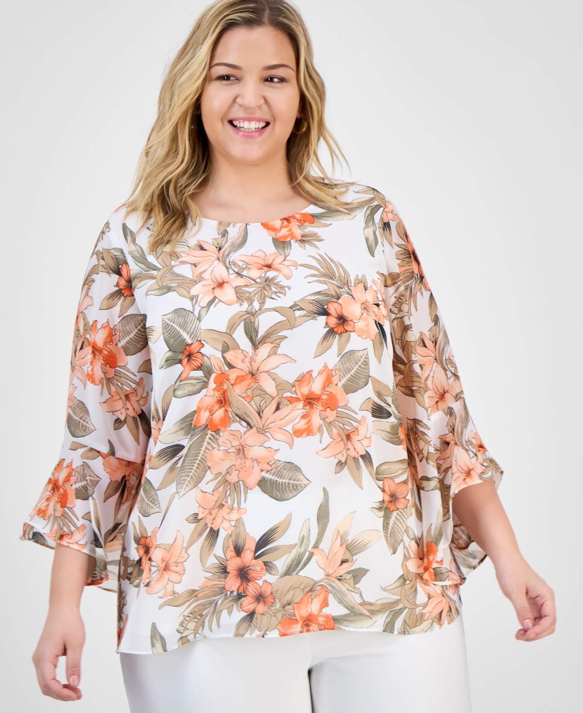 Plus Size Printed Flared-Sleeve Blouse - Vanilla Ice Multi