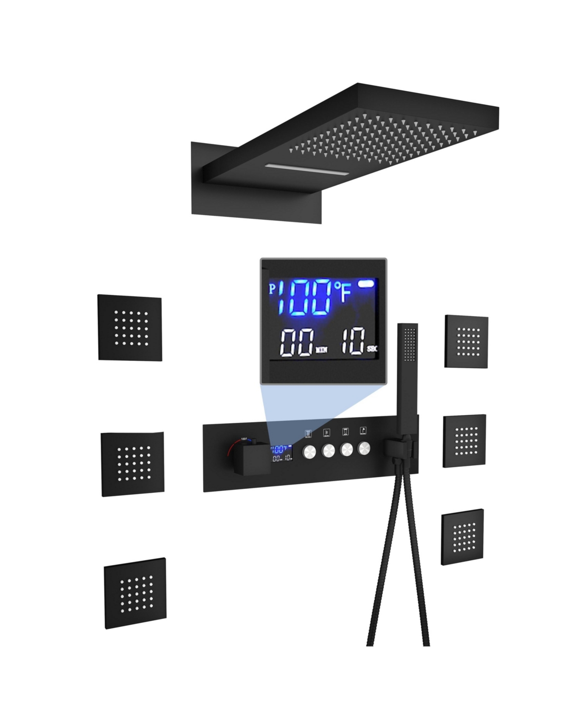 Thermostatic Wall Mounted Complete Shower System with Digital Display and Body Jets - Matte black