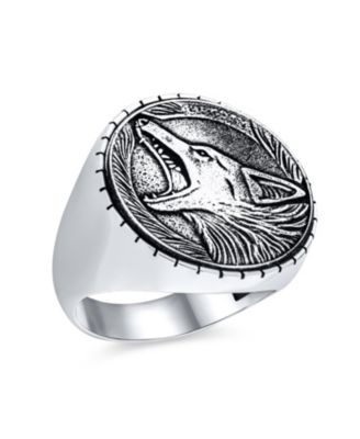 Hunter Animal Norse Viking Warrior Signet Fierce Roaring Big Wolf Head Coin Ring Oxidized .925 Sterling Silver