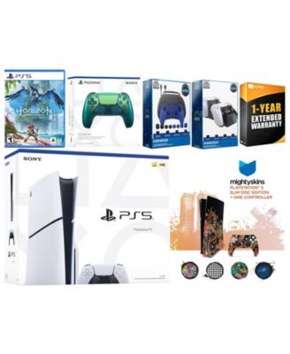 Playstation 5 Slim Disc with Horizon Forbidden West, Extra White Controller, Gamer Kit, Charge Dock and MightySkins Decal Voucher + 1 Year CPS Ex