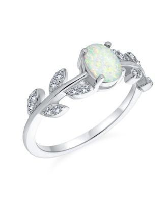 Dainty Oval White Created Opal Center Cubic Zirconia Open Leaves Leaf CZ Accent Ring .925 Sterling Silver