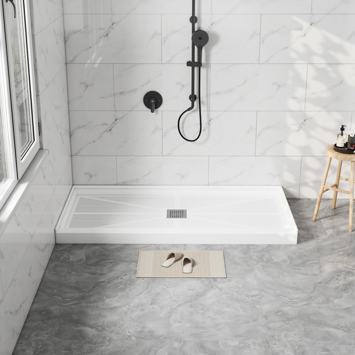 60"W X 30"D Solid Surface Single Threshold Shower Base Anti-Slip Shower Pan, Drain Assembly & Drain Cover Included - White