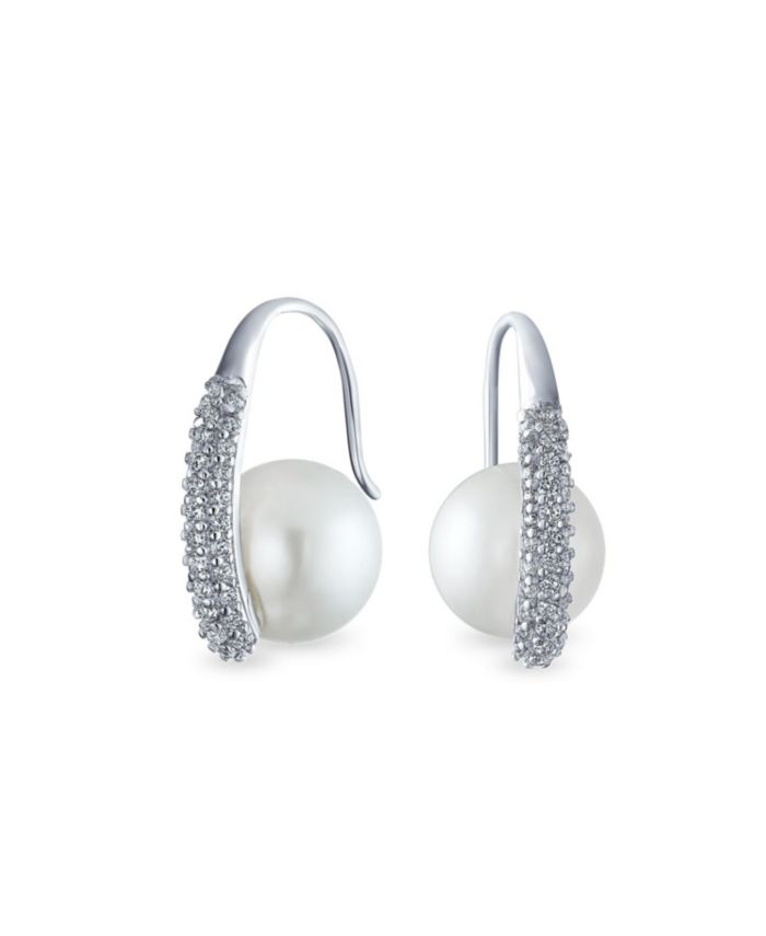 Bling Jewelry Bridal Faux White Pearl Earrings Pave CZ Accent Fish Hook