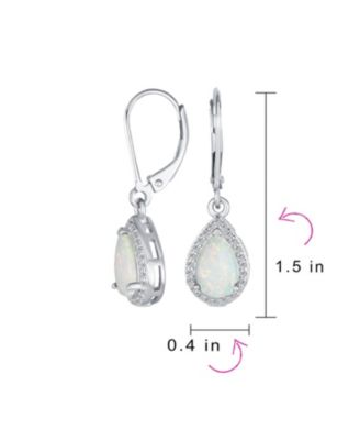 Solitaire Teardrop Created Opal Halo Cubic Zirconia CZ Drop Earrings Lever Back Plated Sterling