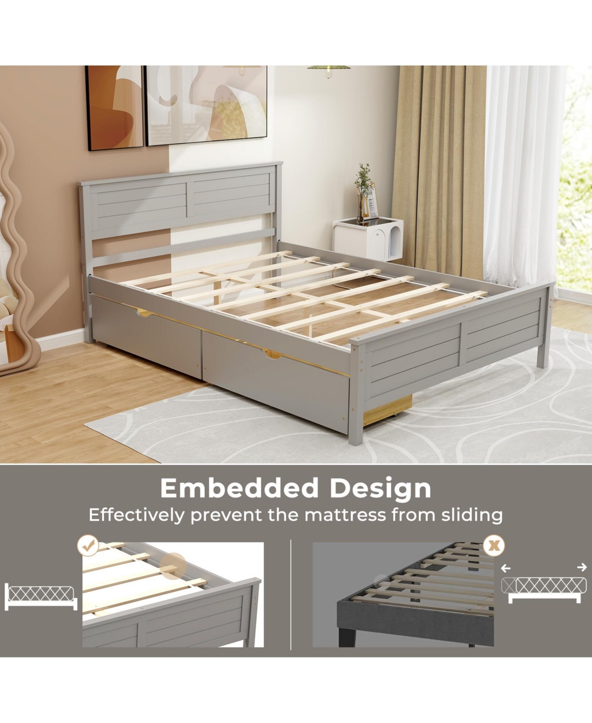 Full Size Bed Frame with Storage Drawers and Solid Wood Headboard