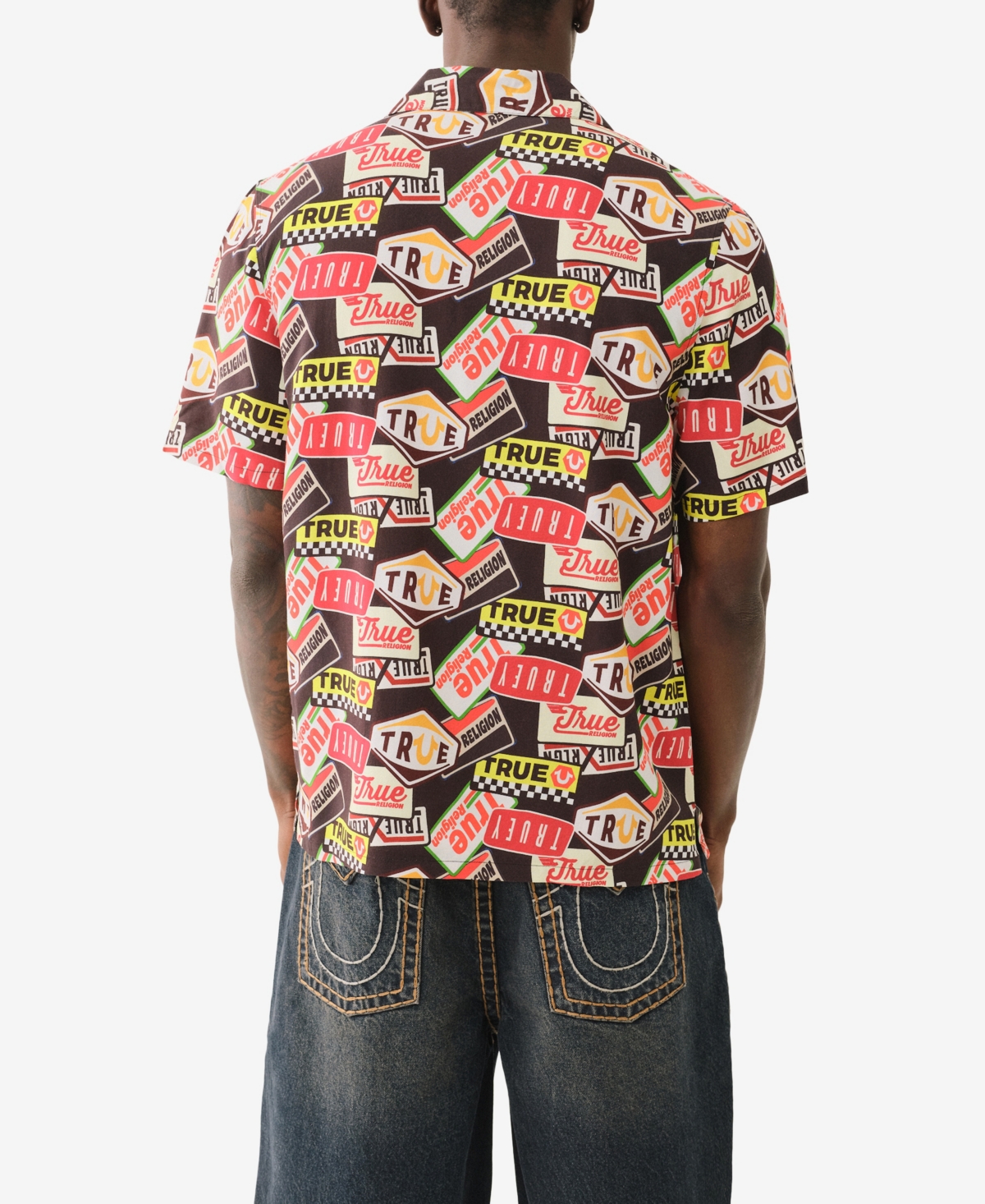 True Religion Men's Short Sleeve Camp Allover Print Shirt In Jet Black