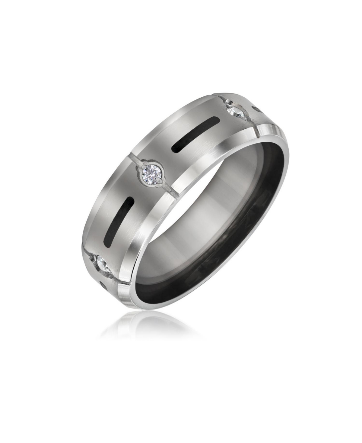 Black Inlay Cz Cubic Zirconia Accent Silver Tone Titanium Wide Band Ring - Silver