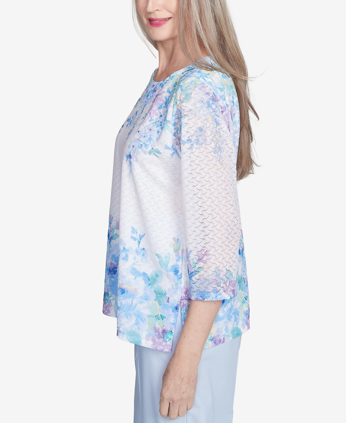 Alfred Dunner Plus Size St. Thomas Textured Sky Blue Floral Border Top In Multi