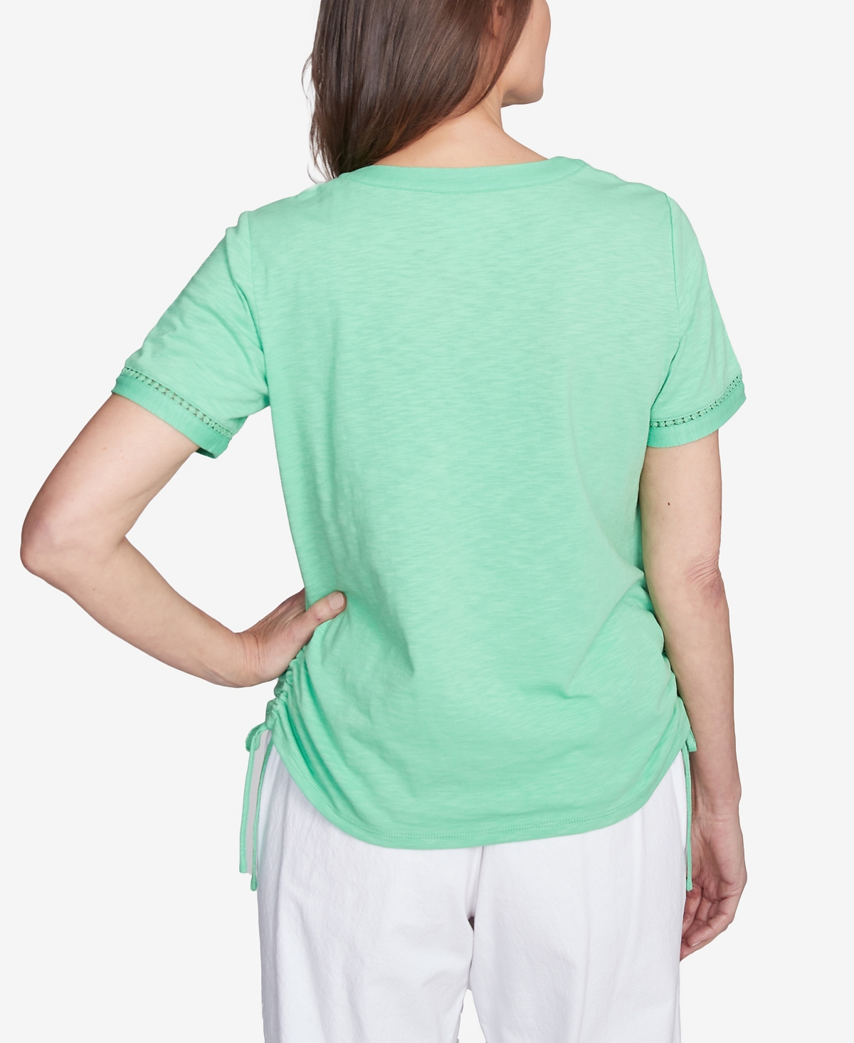 Alfred Dunner Petite Rise Shine Dot Lace Trimmed Short Sleeve Top In Lime