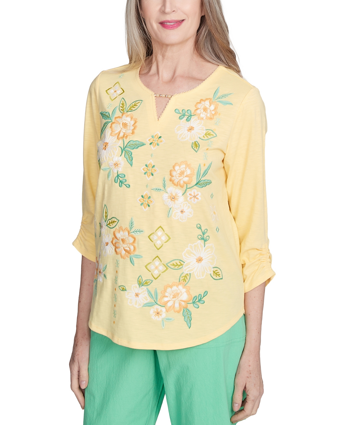 Alfred Dunner Petite Rise Shine Sunny Floral Embroidered Split Neck Top In Green