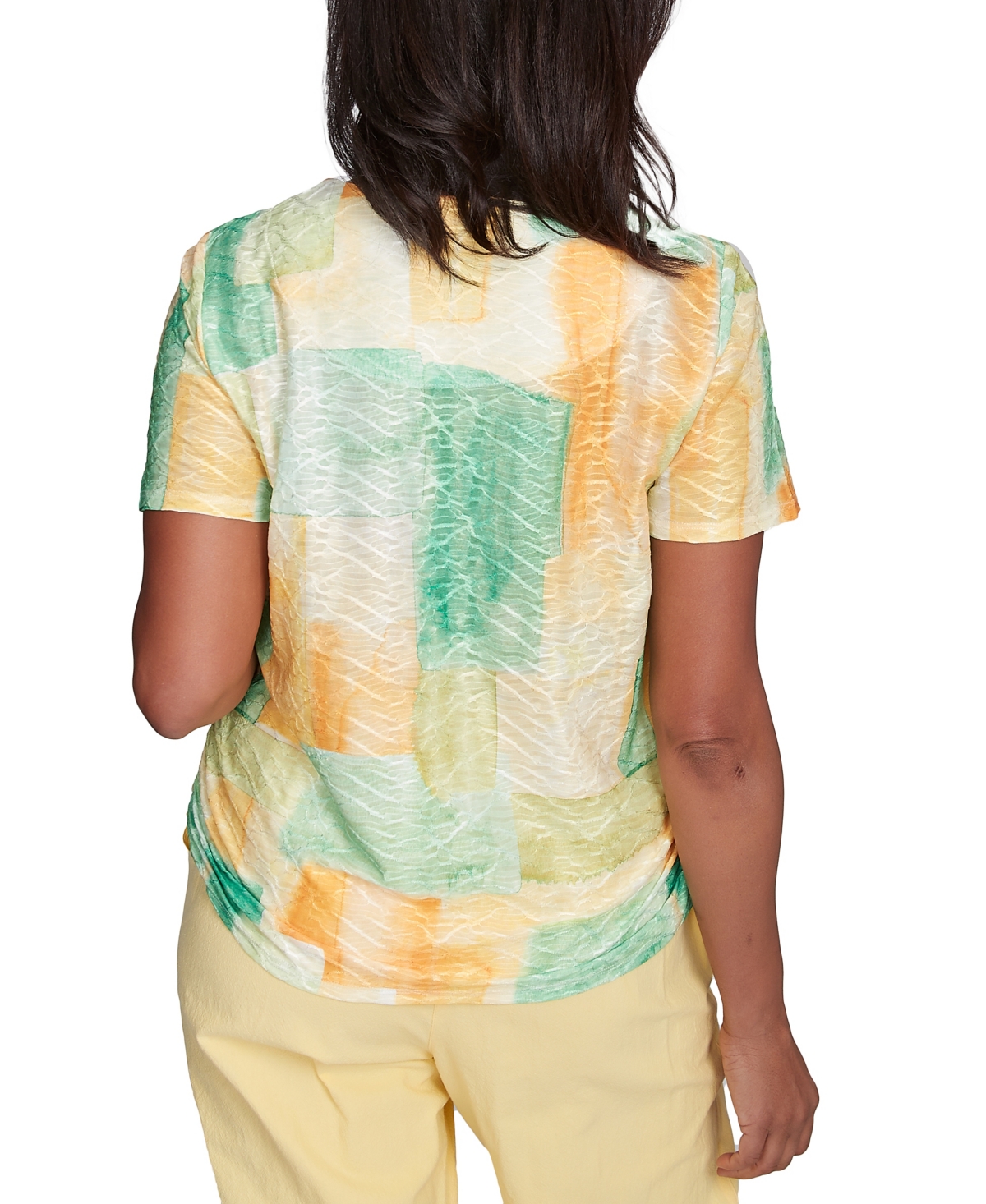 Alfred Dunner Petite Rise Shine Textured Patch Short Sleeve Top In Lemon Multi
