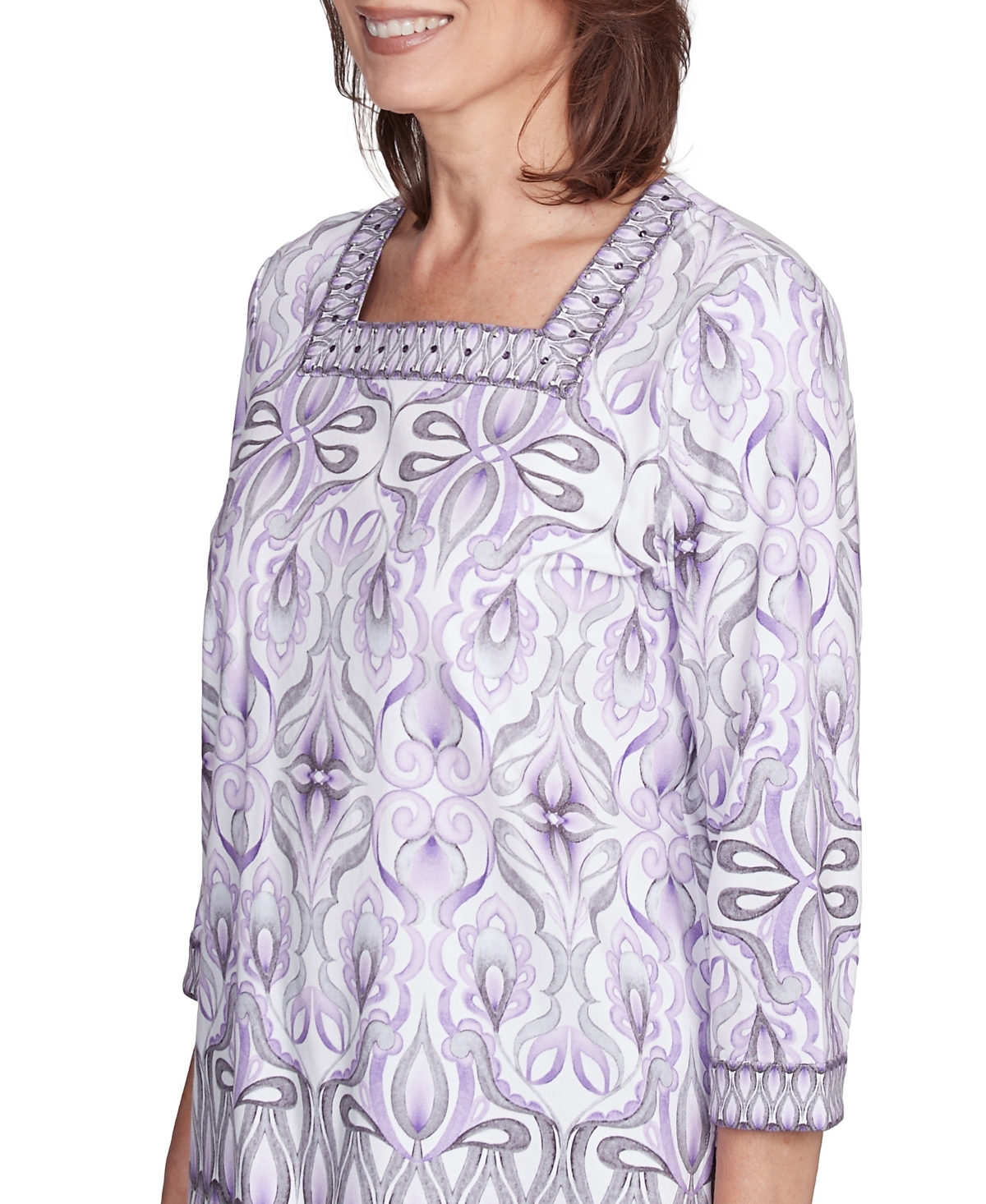Alfred Dunner Petite Crystal Springs Border Medallion Kaleidoscope Top In Lilac Multi