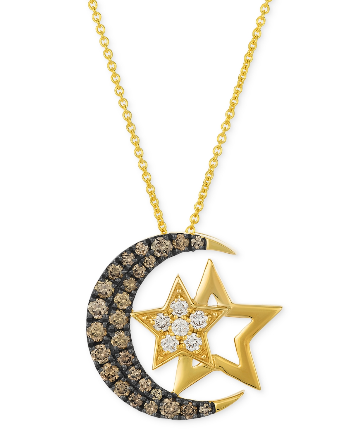 Chocolate Diamond & Nude Diamond Moon & Stars Adjustable 20" Pendant Necklace (5/8 ct. t.w.) in 14k Gold - Yellow Gold