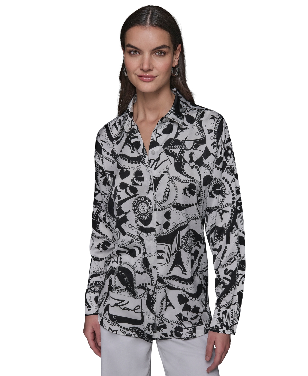 Karl Lagerfeld Women's Motif-print Oversized Button-front Top In Soft White  Black