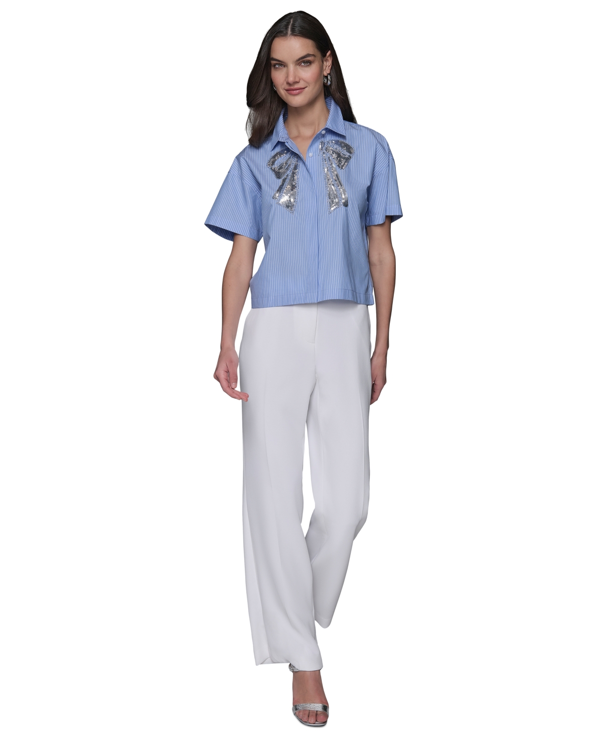 KARL LAGERFELD WOMEN'S SEQUIN-BOW POPLIN BUTTON-FRONT TOP 
