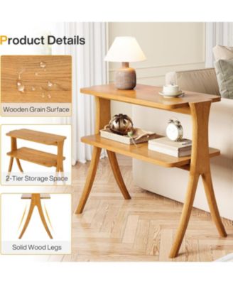 Narrow Side Table for Living Room, Farmhouse End Table with 2-Tier Storage Shelf and Solid Wood Legs, Slim Tall Bedside Table Nightstand for Bedroom, Small Spaces, Entryway, Brown