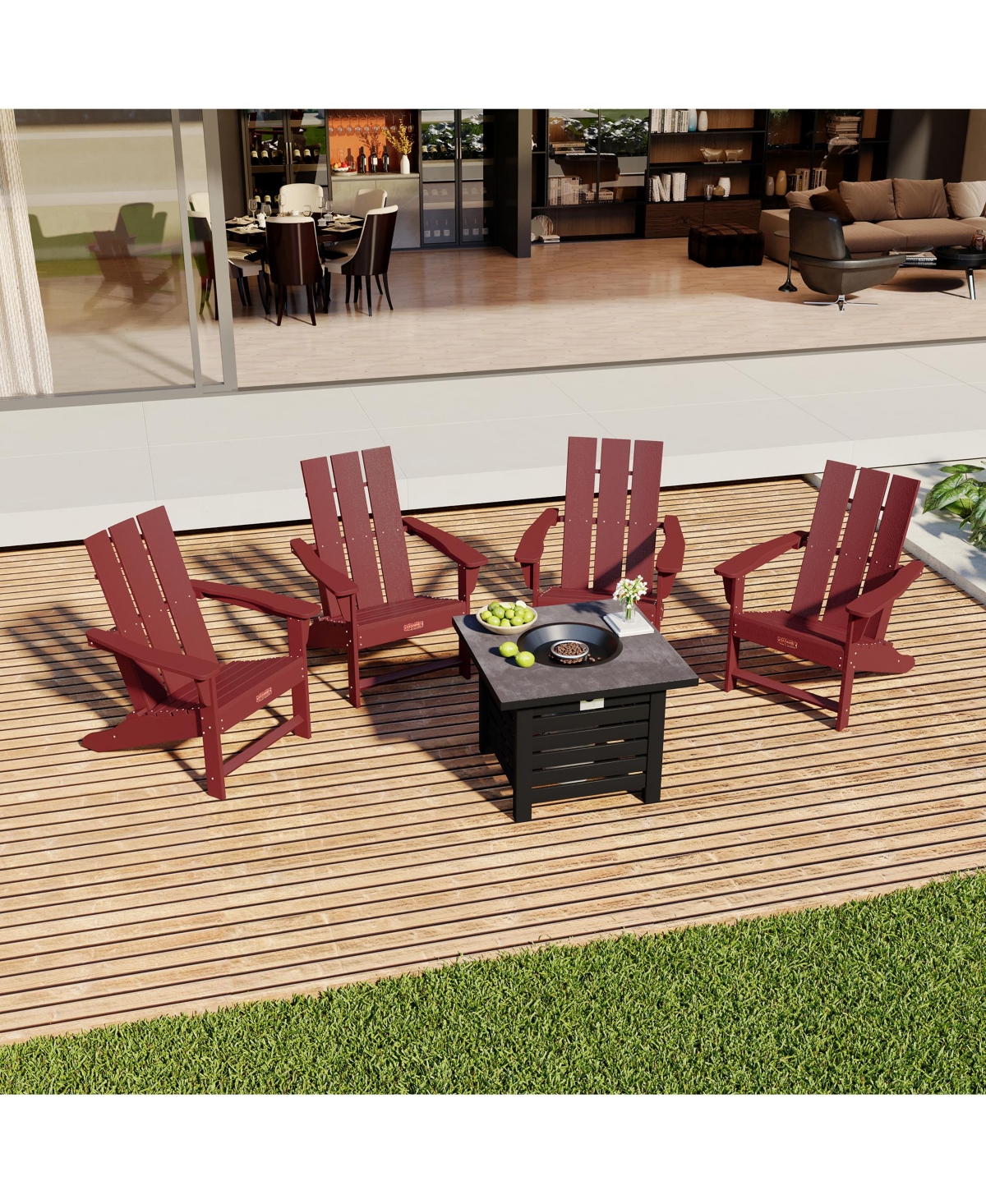 Piece Hdpe Adirondack Chair Outdoor Meeting Set with 28-inch Square 40,000 Btu Auto-Ignition Propane Gas Firepit with Waterproof Cover